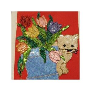 Vintage Kitten kitty Cat with Tulips Sequence Applique sewing sequence beads
